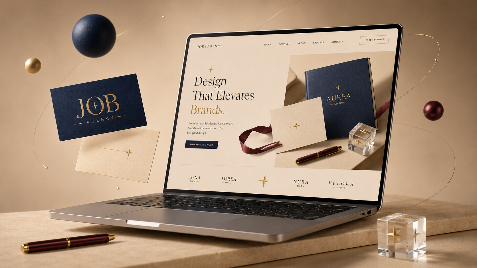 Mockup premium con laptop estilo MacBook, piezas de marca y elementos gráficos JoBrand Agency