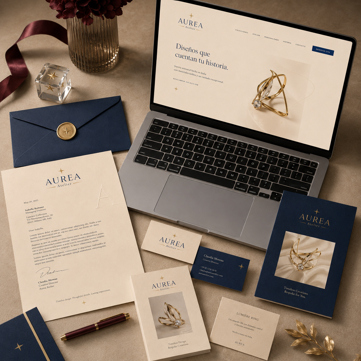 Proyecto simulado Aurea Atelier con laptop, papelería y branding premium