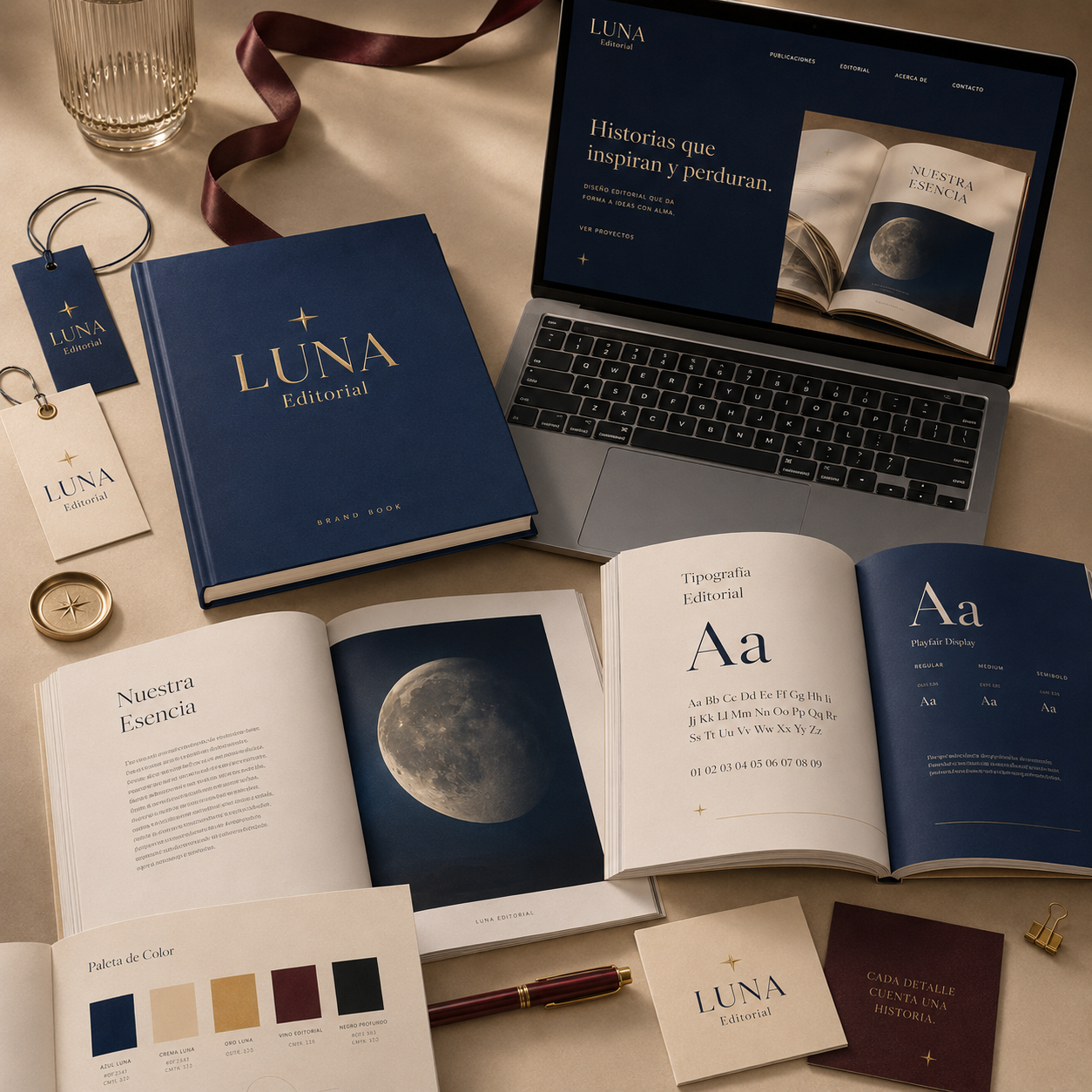 Proyecto simulado Luna Editorial con libro de marca, catálogo y laptop