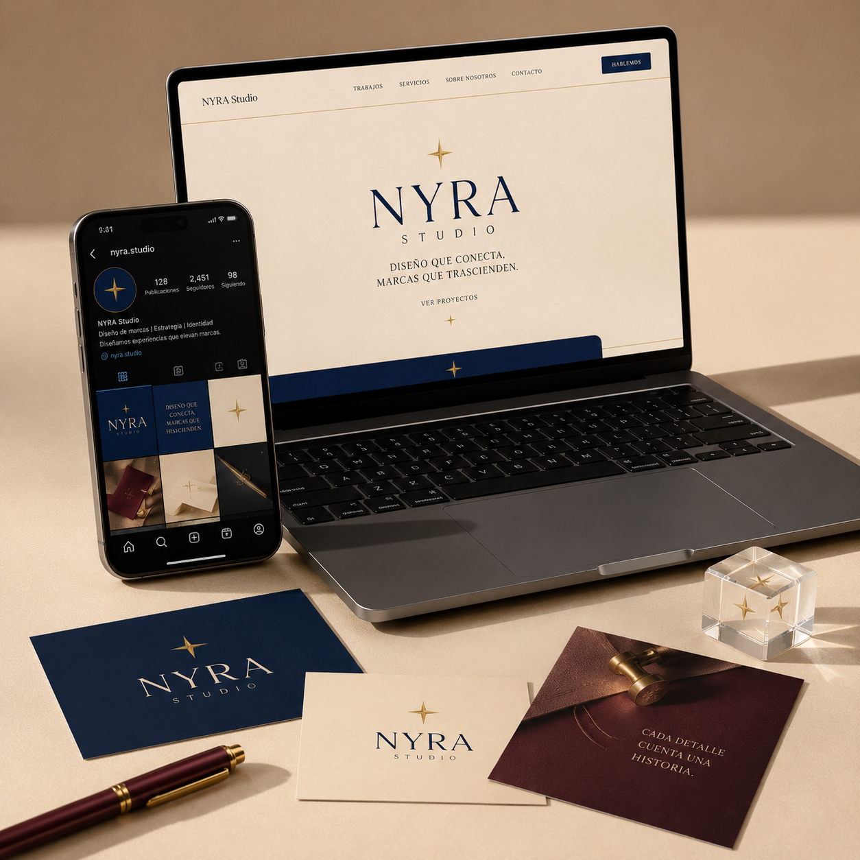 Display de marca digital Nyra Studio con laptop y redes sociales