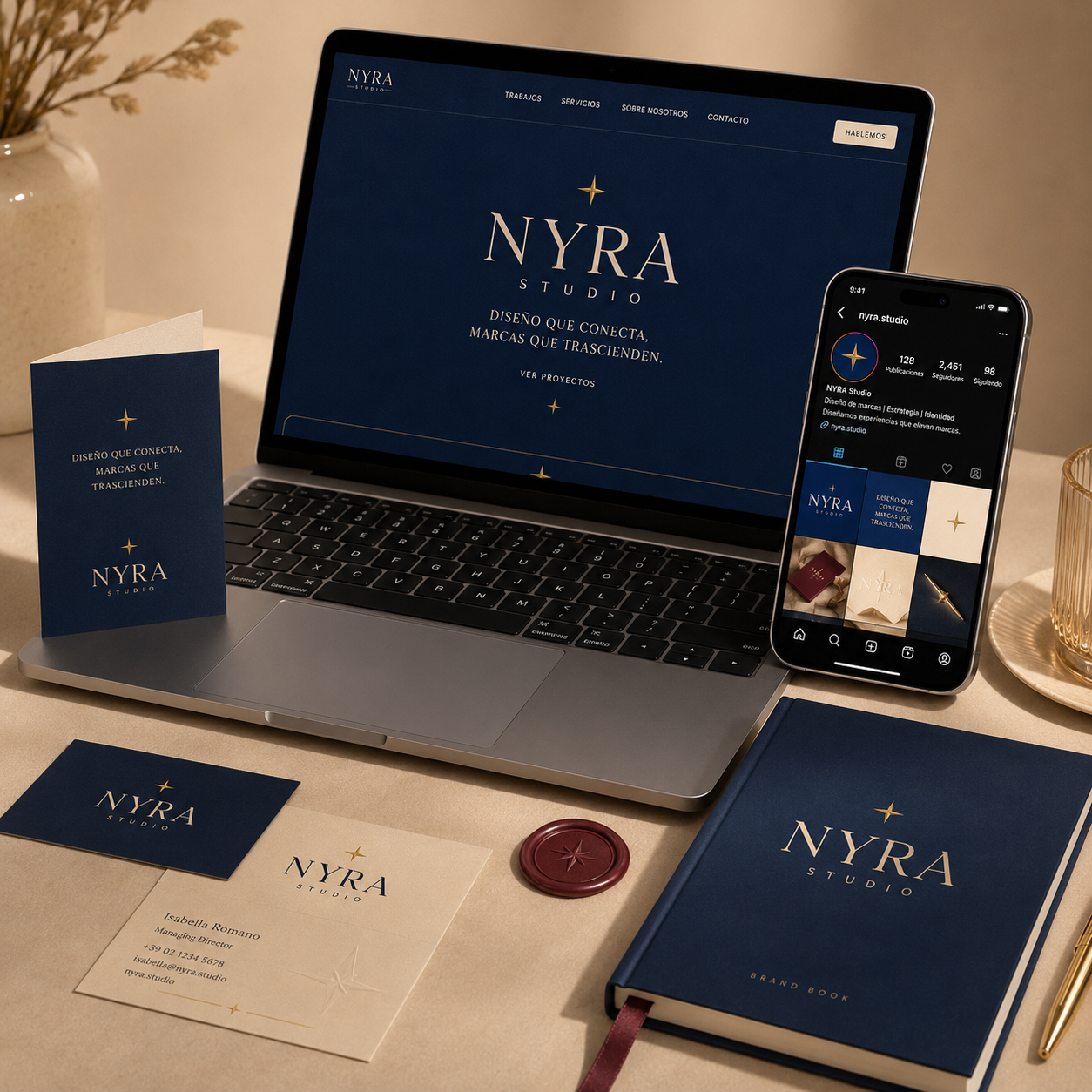 Proyecto simulado Nyra Studio con laptop, móvil y piezas impresas